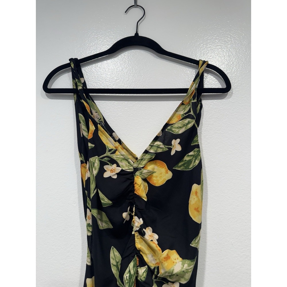 ASOS Design Twist Strap Midi Lemon Print Dress Size 6 Open Back Ruched Bodice - Picture 2 of 14